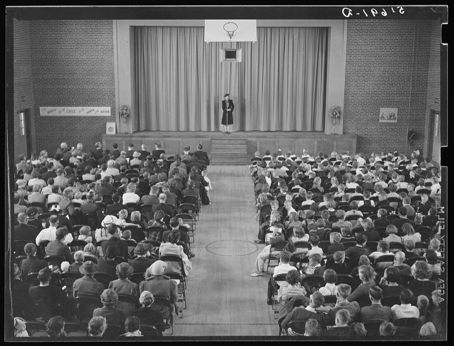 First grade children singing health song in May Day-Health Day program in auditorium. Ashwood Plantations, South Carolina