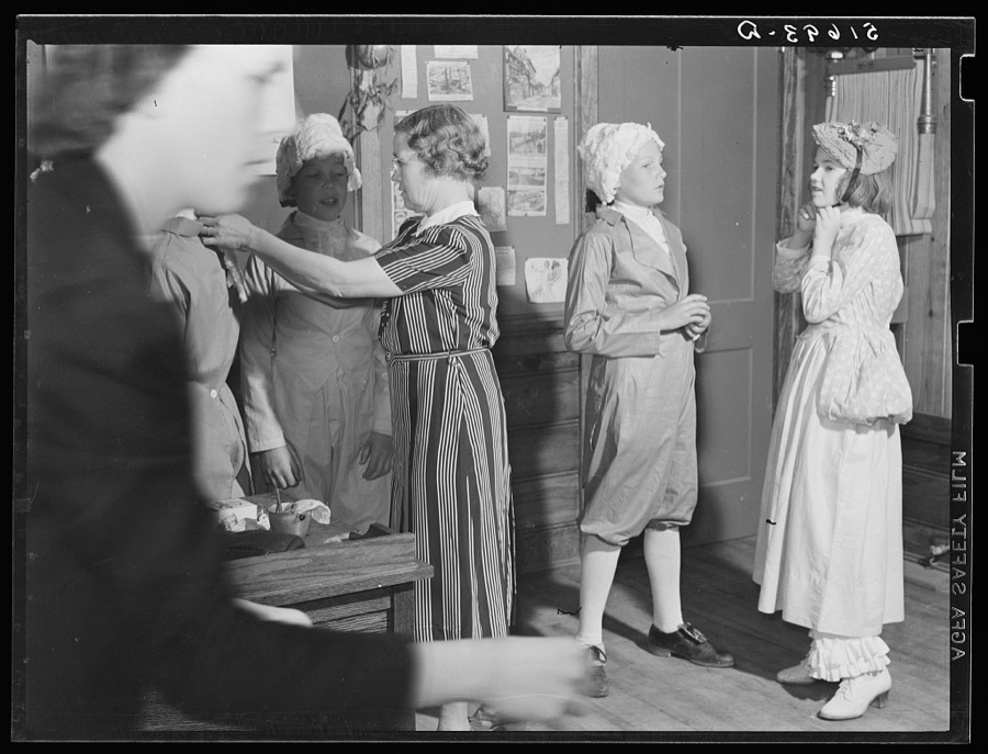 The sixth and seventh grades being made up for their colonial play and dance (tied in with regular school studies) in May Day-Health Day program school at Ashwood Plantations, South Carolina