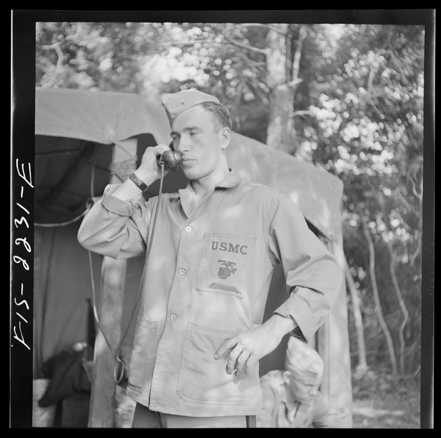 Parris Island, South Carolina. U.S. Marine Corps glider detachment training camp. Trainee receiving a telephone message