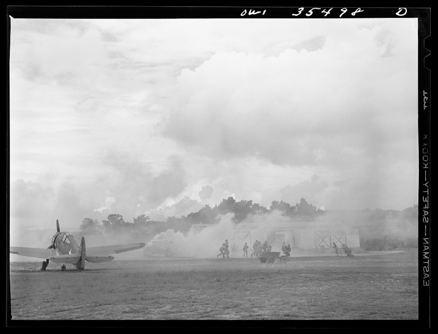 Greenville, South Carolina. Air Service Command. Men of the 35th service squadron of the 25th service group enacting an "alert" during a simulated defense of the airfield from attack