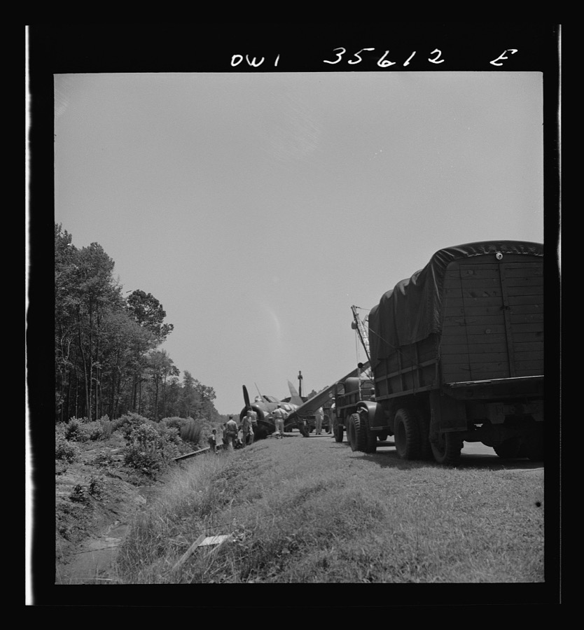 Myrtle Beach, South Carolina. Air Service Command. A mobile unit working on an A-20 which ran off a taxi strip