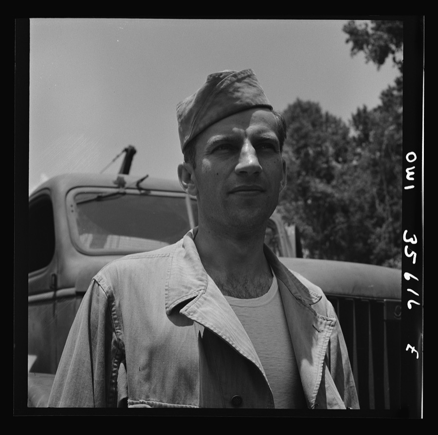 Myrtle Beach, South Carolina. Air Service Command. Private Philip A. Zilinsky, propeller specialist with the mobile unit. Private Zilinsky is twenty-eight years old, comes from 905 East 141st Street, Cleveland, Ohio, where he worked as a draftsman for the Standard Oil Company