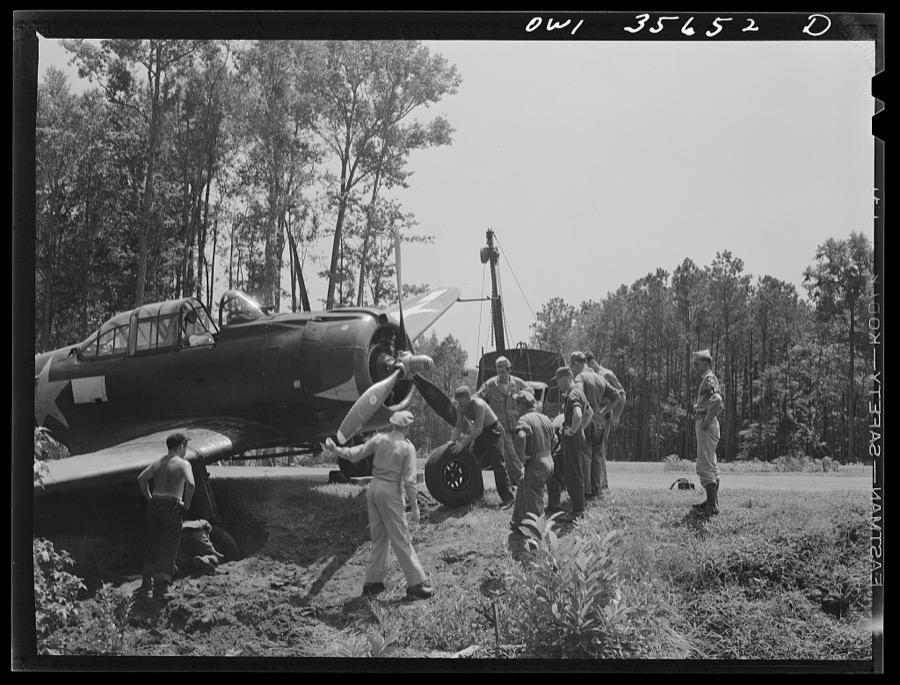 Myrtle Beach, South Carolina. Air Service Command. A mobile unit working on an A-20 which ran off a taxi strip