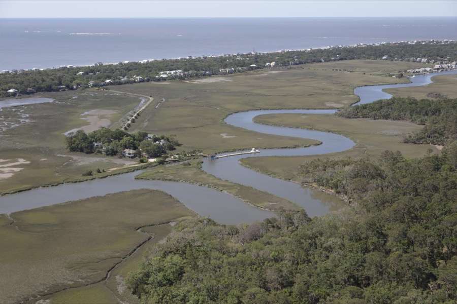 Aerial view of the winding Fishing Creek on Edisto Island, south of Charleston, South Carolina