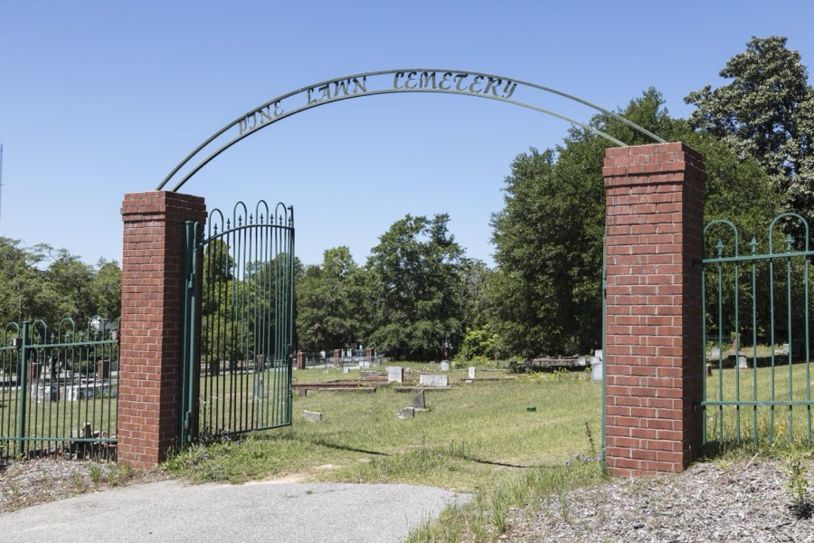 Entrance to the historic Aiken Colored Cemetery, since 1988 called Pine Lawn Memorial Garden, in Aiken, South Carolina