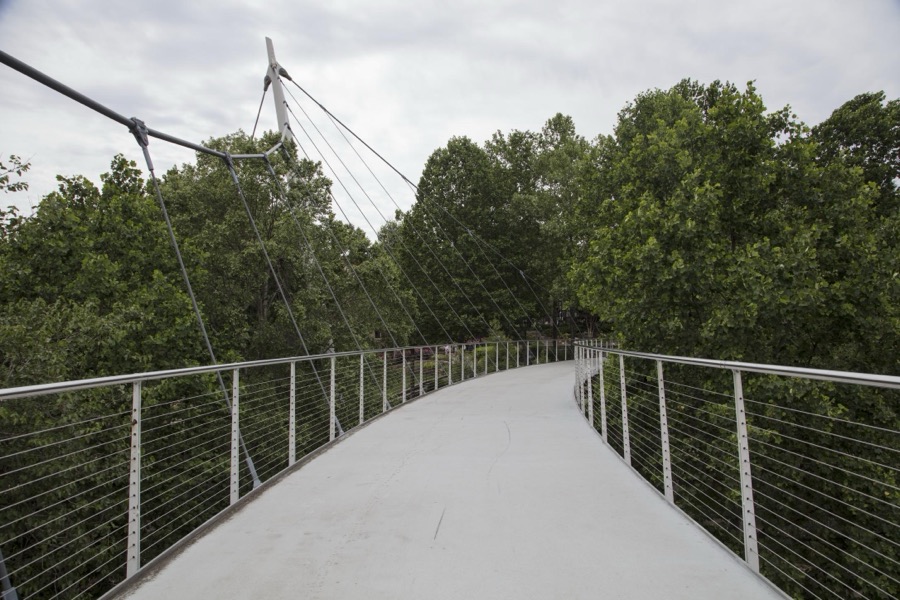 The first portion of the Liberty pedestrian bridge at Falls Park on the Reedy River in Greenville, South Carolina