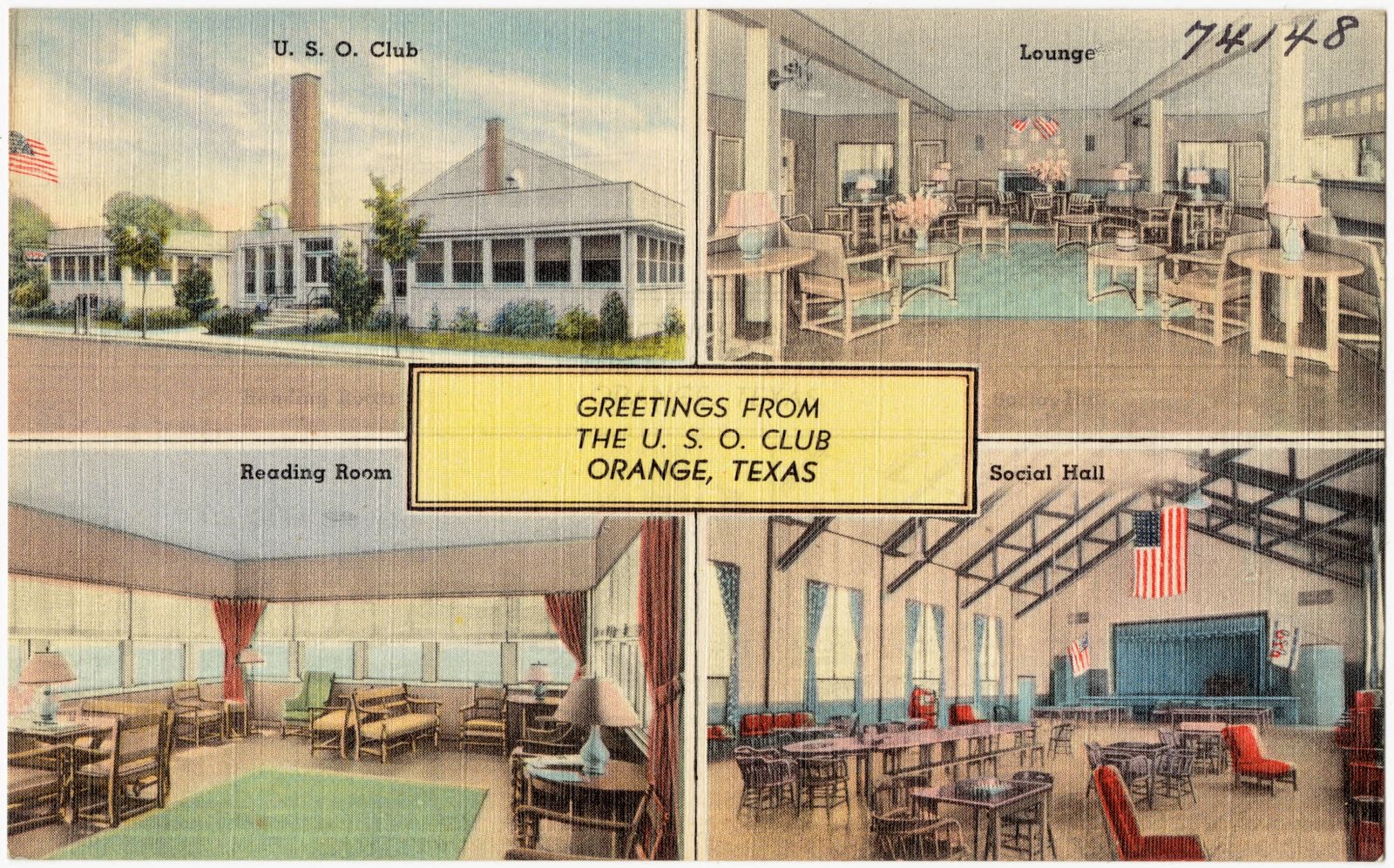 U. S. O. Club. Greetings from the U. S. O. Club, Orange, Texas, Boston Public Library - undated