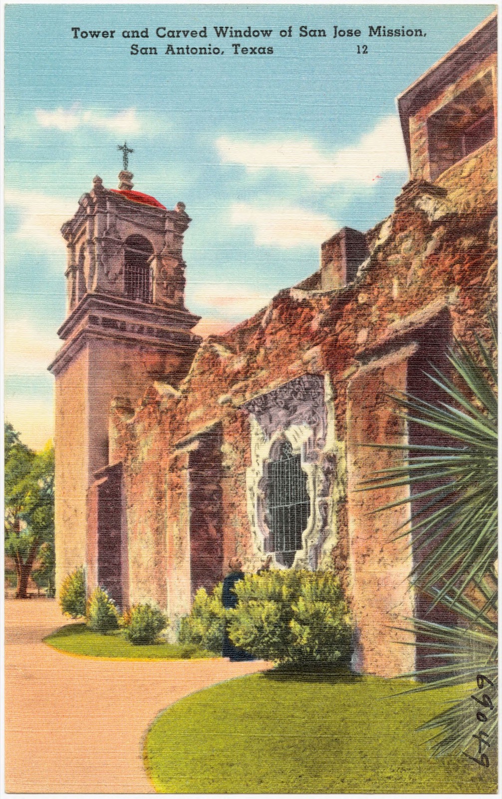Tower and carved window of San Jose Mission, San Antonio, Texas, Boston Public Library - undated