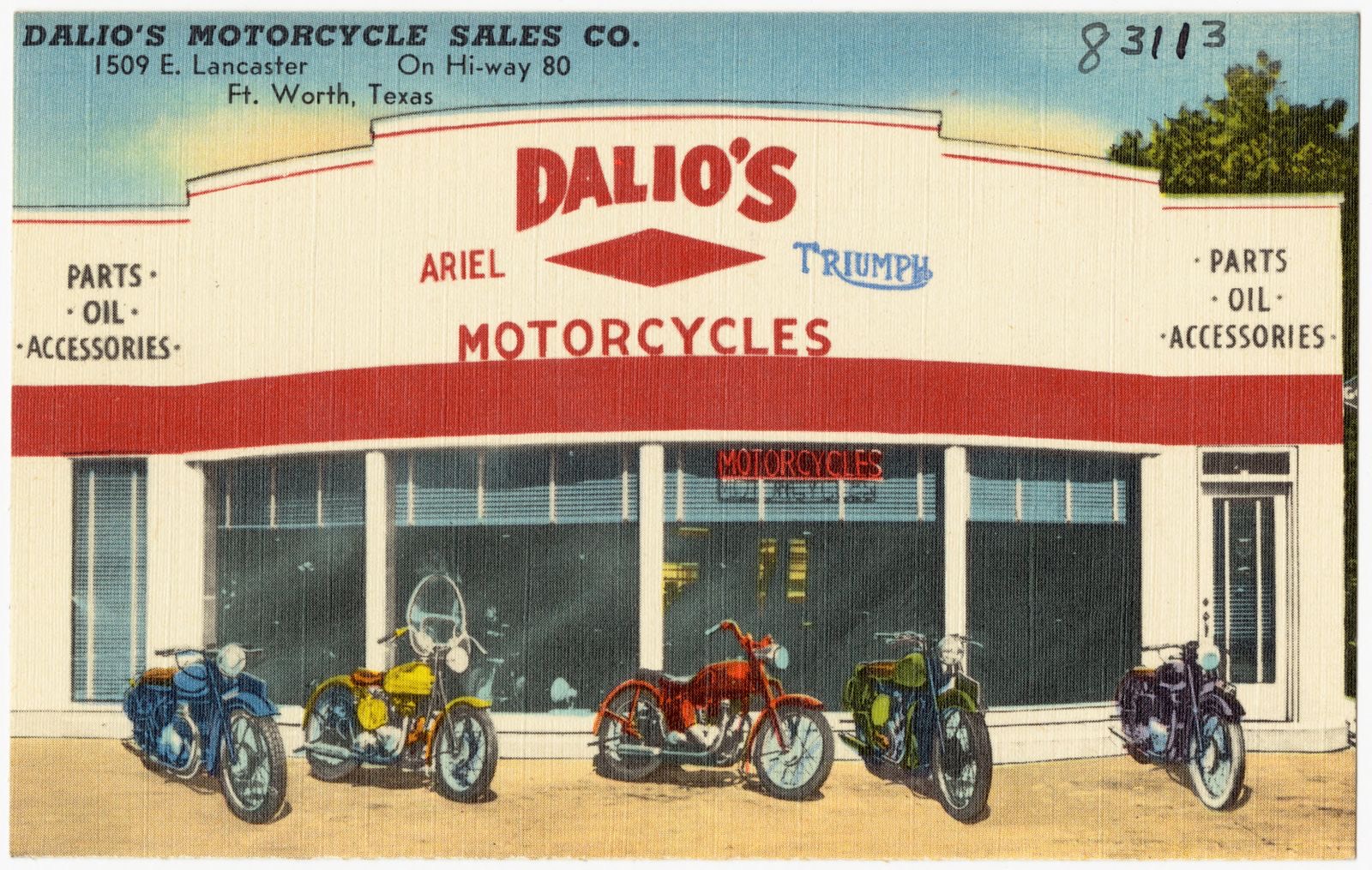 Dalio's Motorcycle Sales Co., 1509 E. Lancaster, on Hi-way 80, Ft. Worth, Texas, Boston Public Library - undated