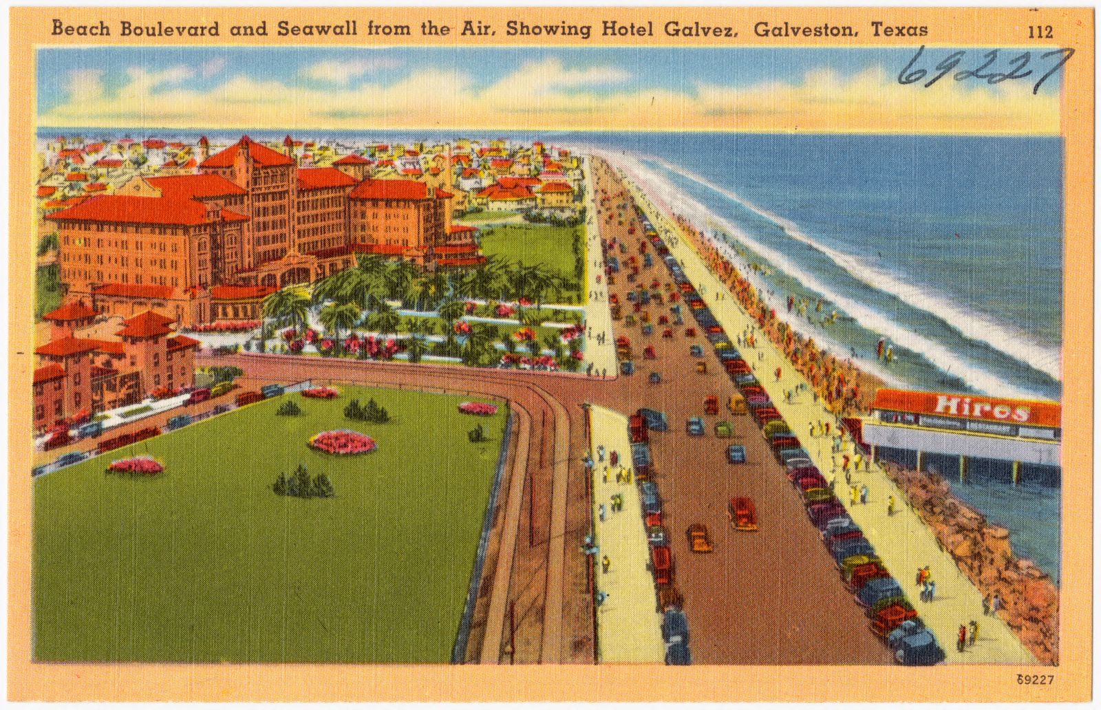 Beach Boulevard and Seawall from the air, showing Hotel Galvez, Galveston, Texas, Boston Public Library - undated