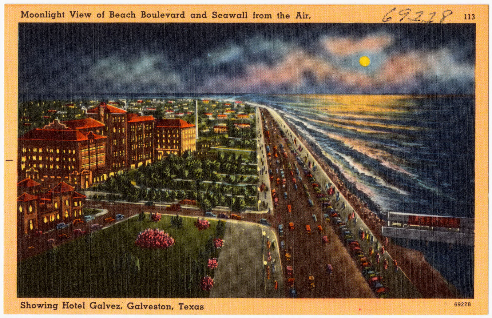 Moonlight view of Beach Boulevard and Seawall from the air, showing Hotel Galvez, Texas, Boston Public Library - undated