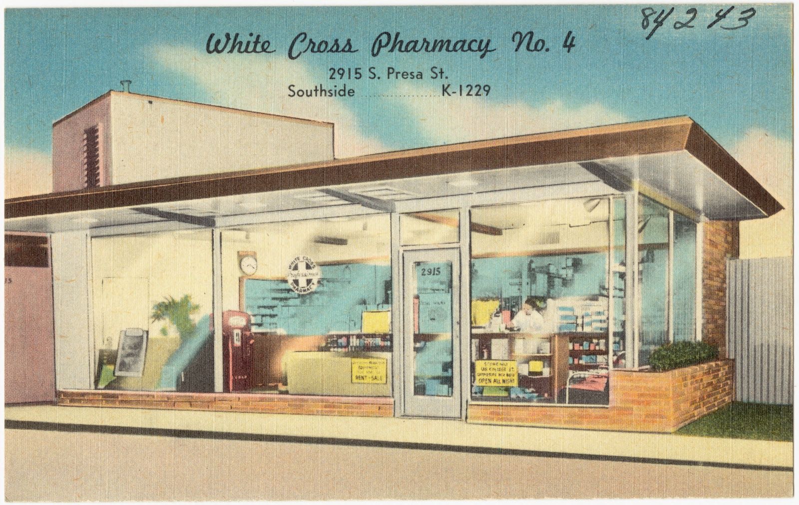 White Cross Pharmacy No. 4, 2915 S. Presa St., southside, K-1229, Boston Public Library - undated