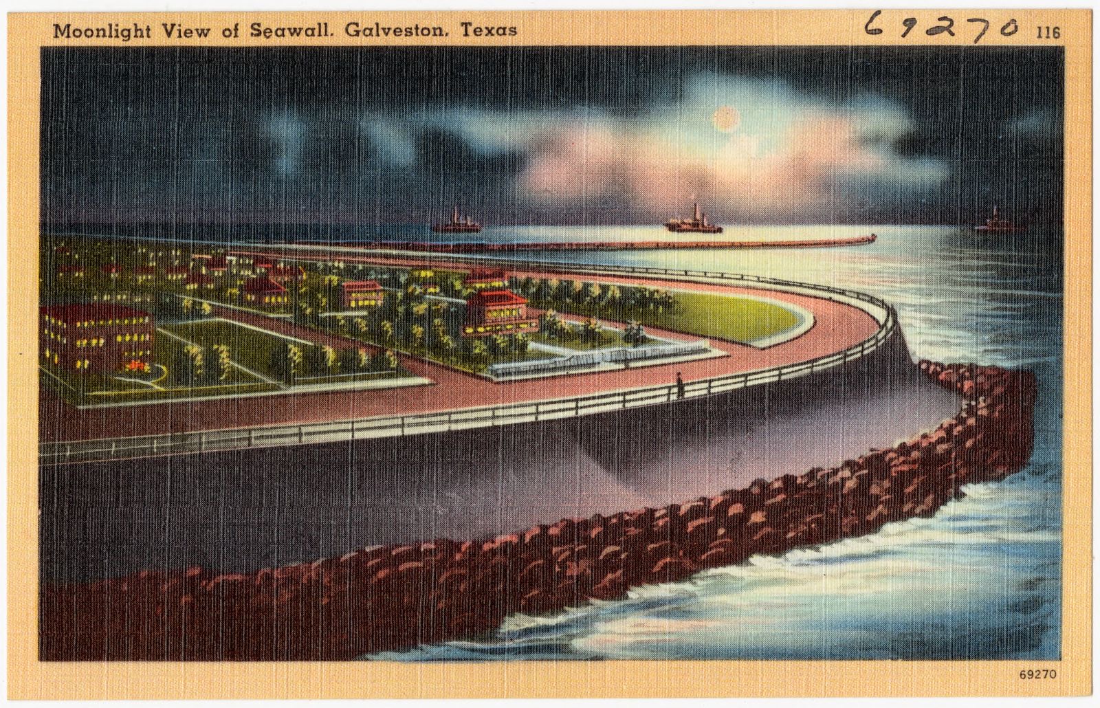 Moonlight view of Seawall, Galveston, Texas, Boston Public Library - undated