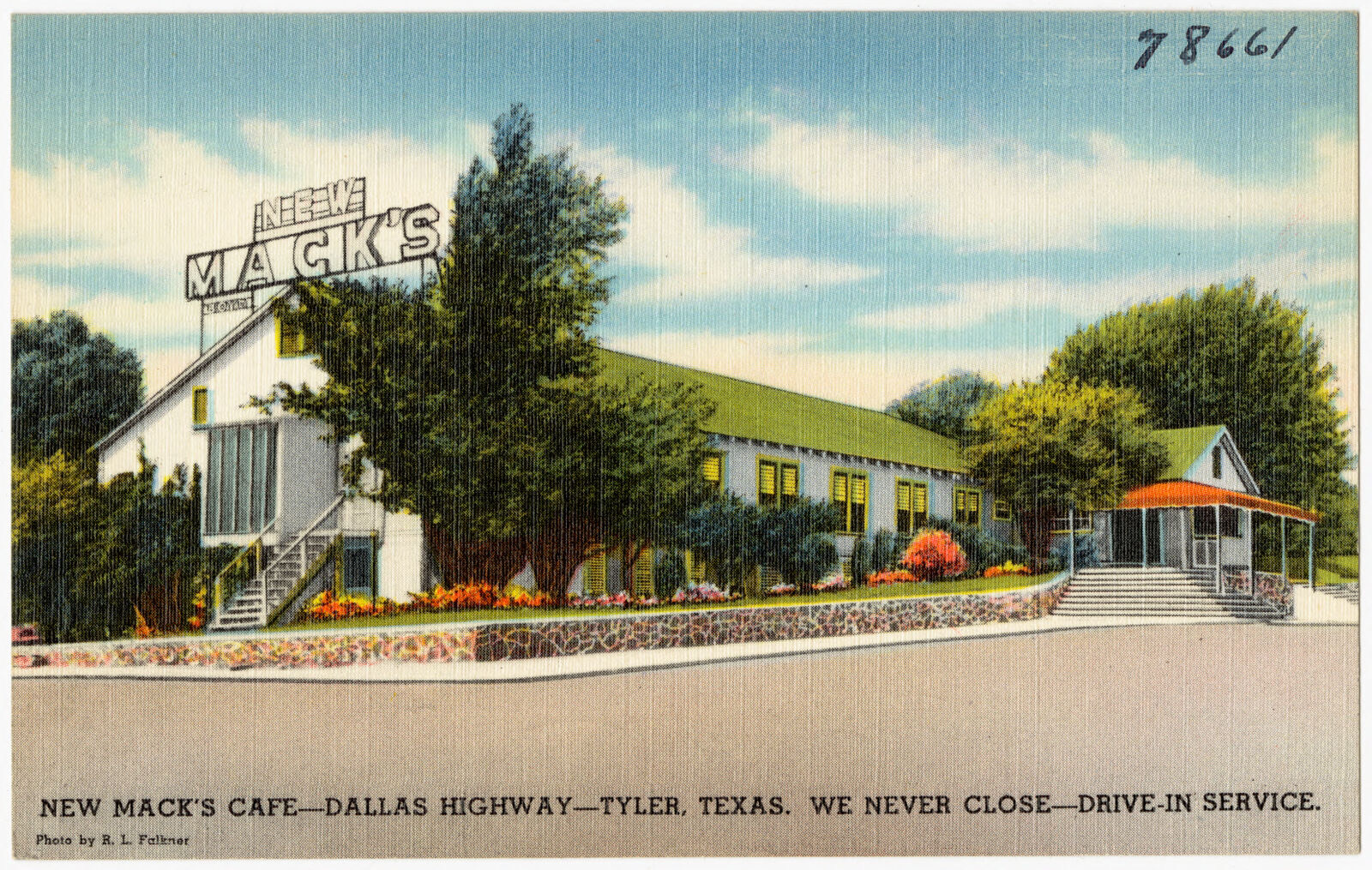 New Mack's Café -- Dallas Highway -- Tyler, Texas. We never close -- drive-in service., Boston Public Library - undated