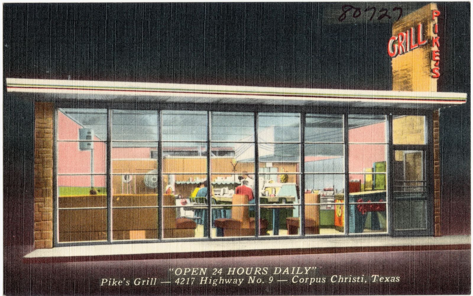 "Open 24 hours daily," Pike's Grill -- 4217 Highway No. 9 -- Corpus Christi, Texas, Boston Public Library - undated