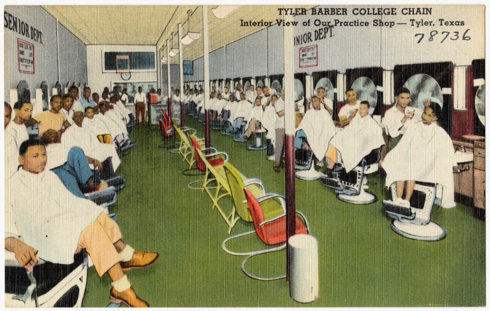 Tyler Barber College Chain, interior view of our practice shop -- Tyler, Texas, Boston Public Library - undated