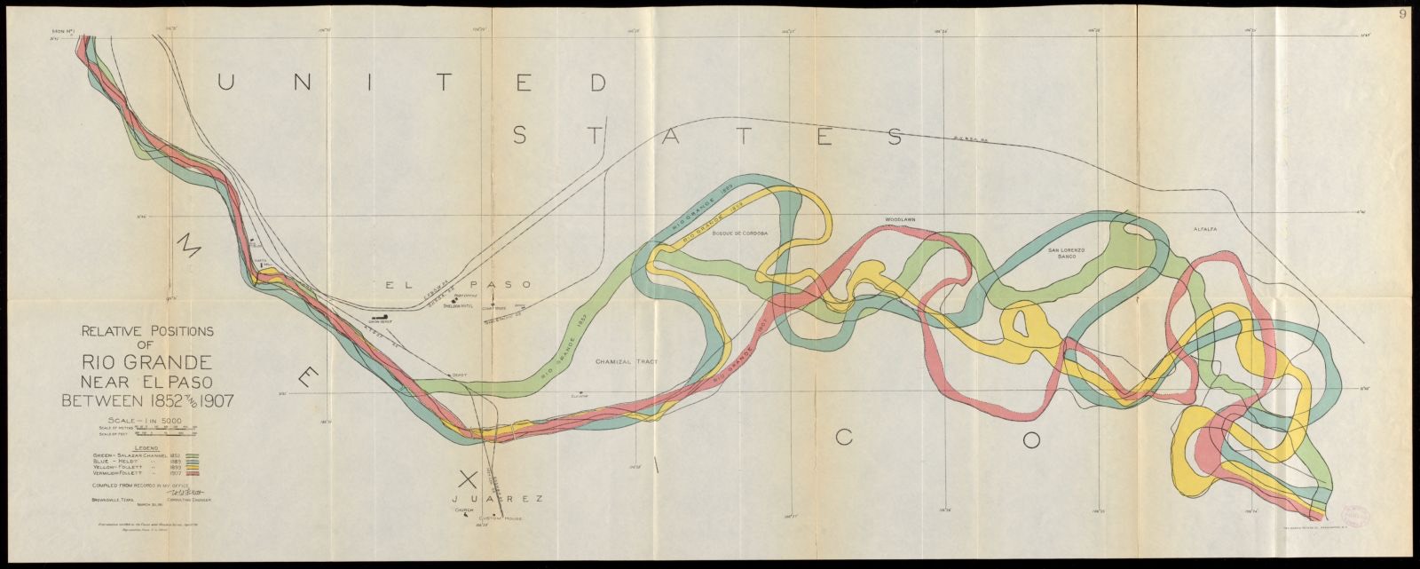 Relative positions of Rio Grande near El Paso between 1852 and 1907, Boston Public Library - undated