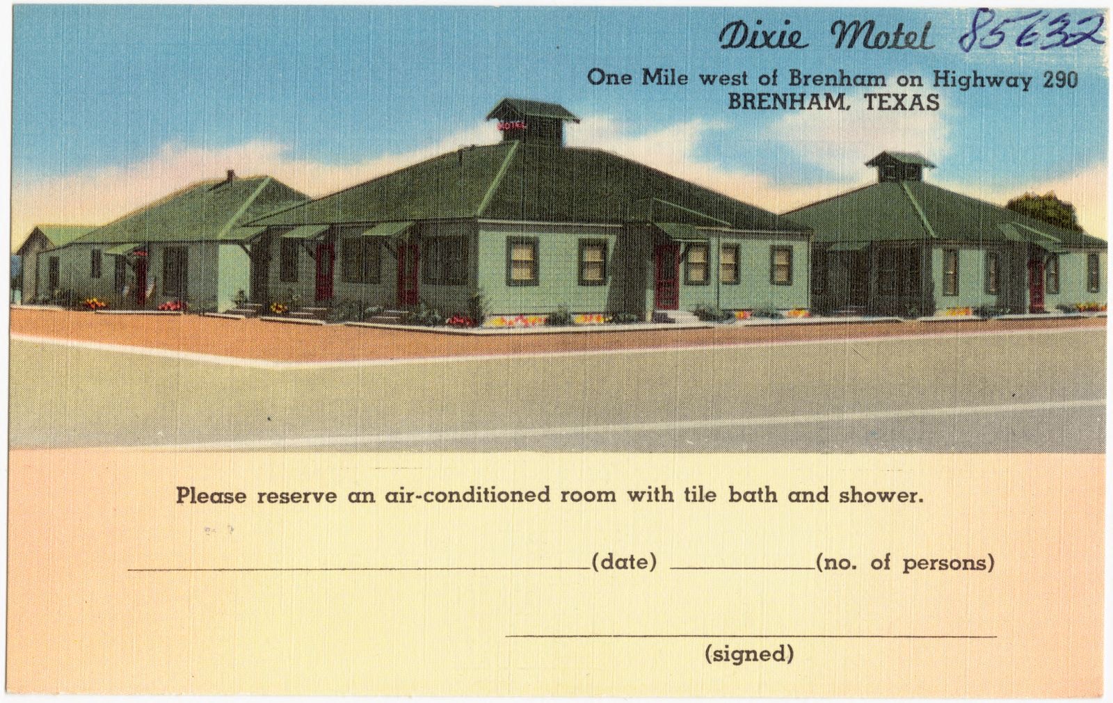 Dixie Motel, one mile west of Brenham on Highway 290, Brenham, Texas, Boston Public Library - undated