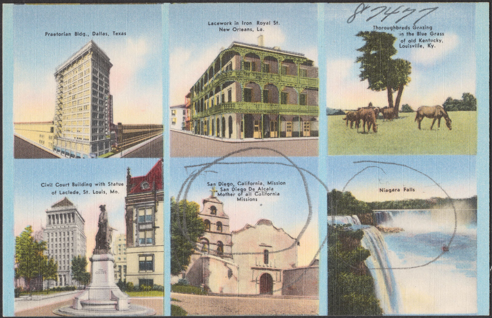 Praetorian Bldg., Dallas, Texas. Lacework in iron, Royal St., New Orleans, La. Thoroughbreds grazing in the blue grass of old Kentucky, Louisville, Ky. Civil court building with statue of Laclede, St. Louis, Mo. San Diego California Mission, San Diego de Alcala, Mother of all California missions. Niagara Falls, Boston Public Library - undated