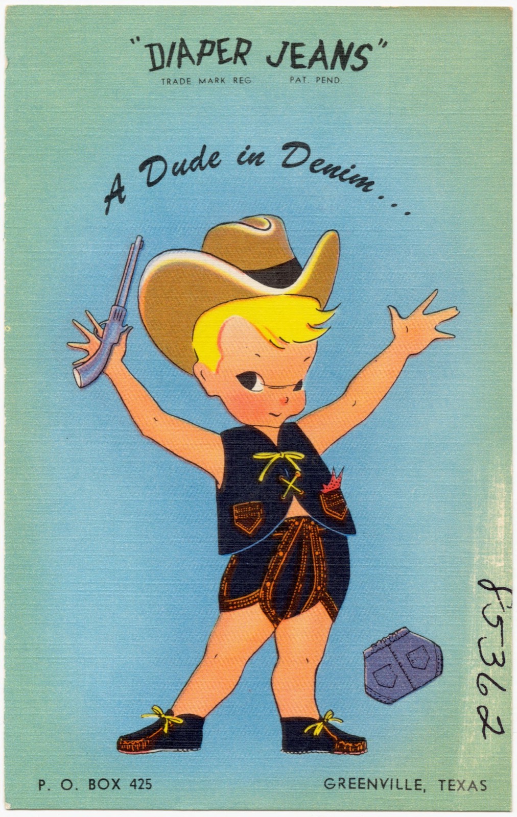 "Diaper Jeans," trade mark reg. pat. A dude in denim... P. O. Box 425, Greenville, Texas, Boston Public Library - undated