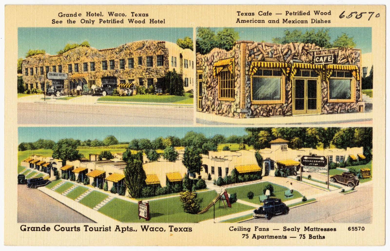 Grande Hotel, Waco, Texas, see the only Petrified Wood hotel. Texas Café -- Petrified Wood American and Mexican dishes. Grande Courts Tourist Apts., Waco, Texas, Boston Public Library - undated