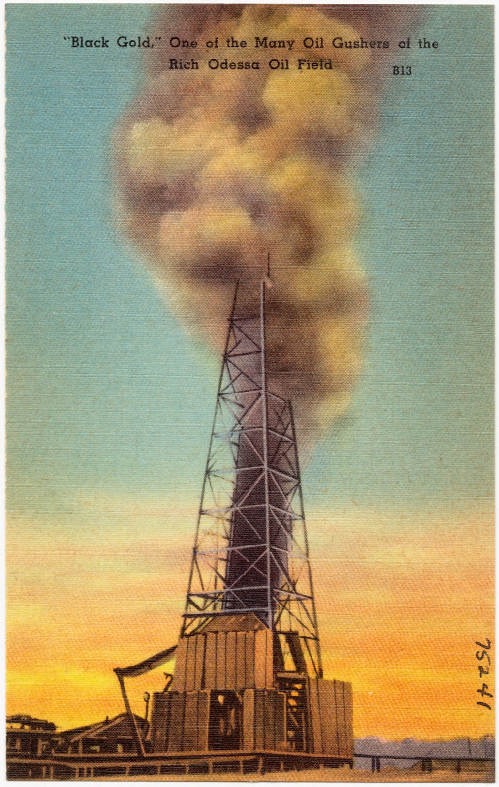 "Black Gold," one of the many oil gushers of the rich Odessa Oil Field, Boston Public Library - undated