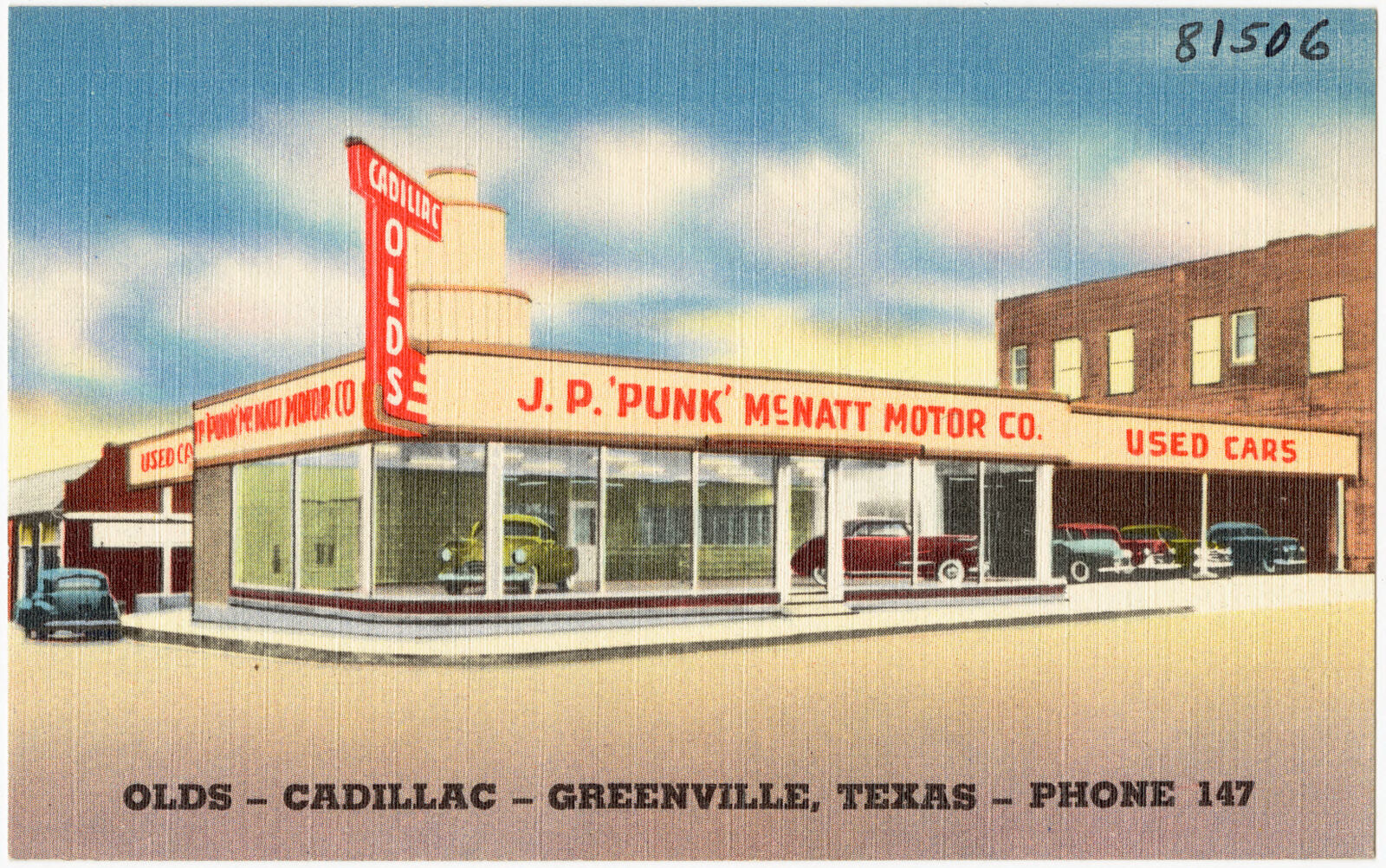 J. P. "Punk" McNatt Motor Co., Olds - Cadillac - Greenville, Texas - Phone 147, Boston Public Library - undated