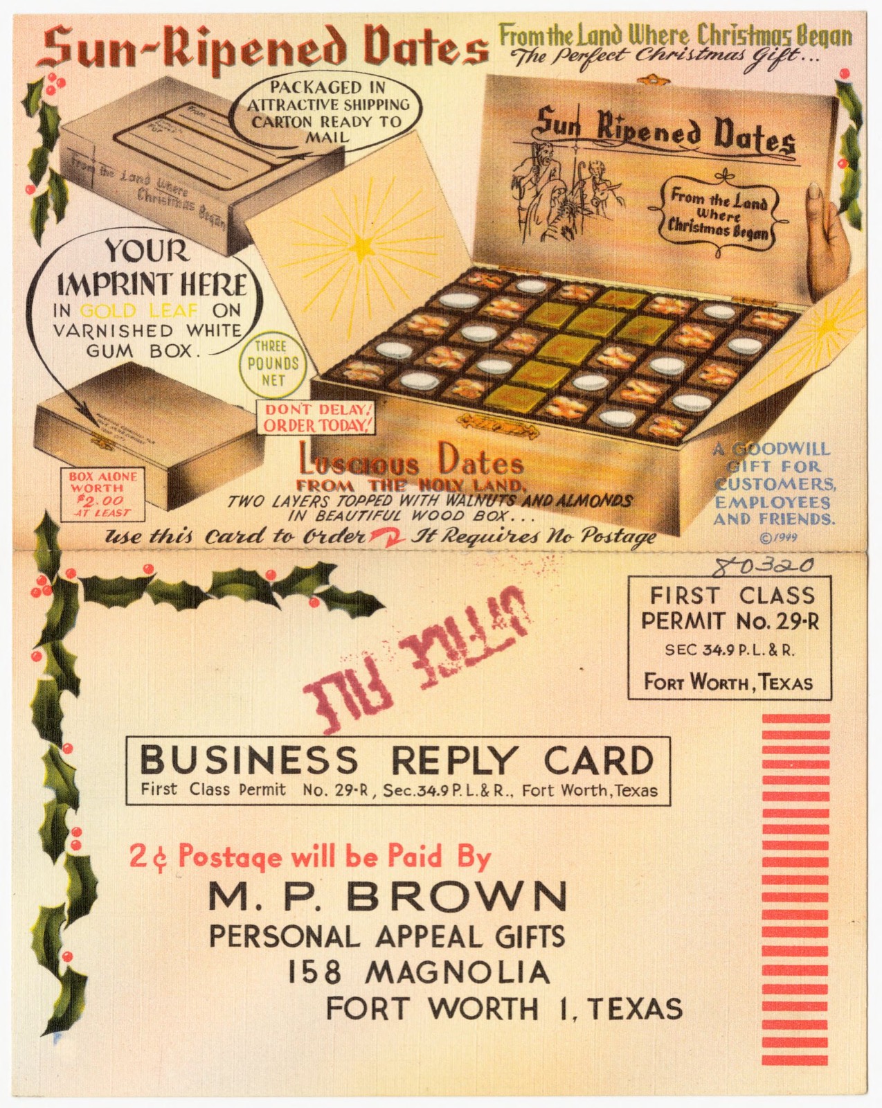Sun-Ripened Dates, M. P. Brown Personal Appeal Gifts, 158 Magnolia, Fort Worth 1, Texas, Boston Public Library - undated
