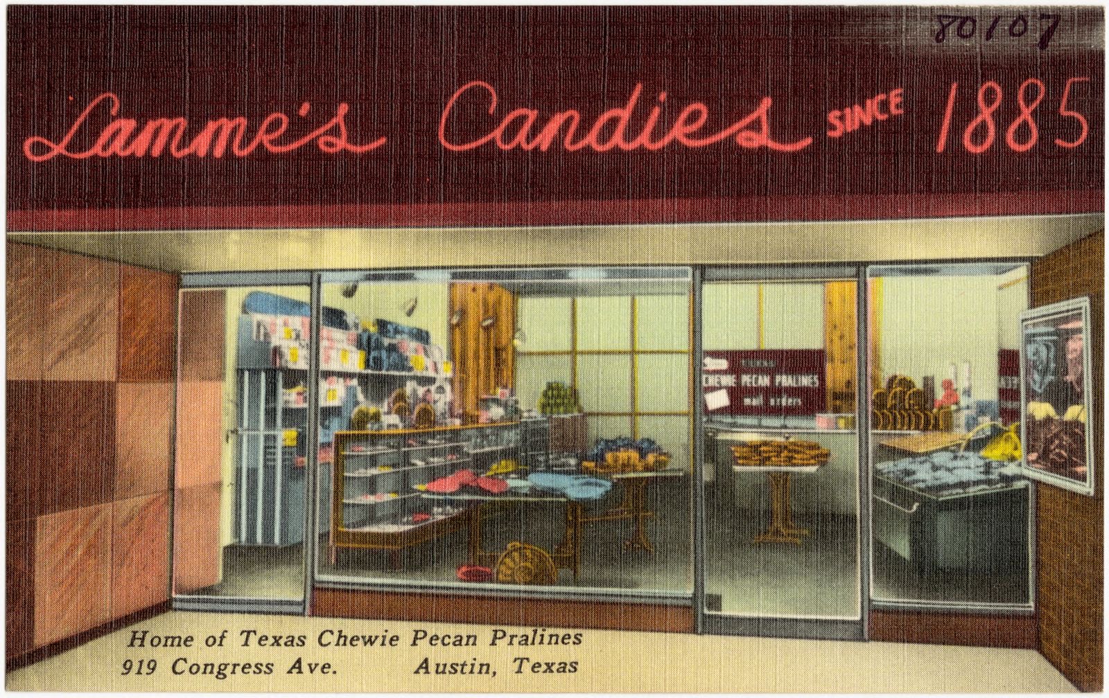 Lamme's Candies, since 1885, home of Texas chewie pecan pralines, 919 Congress Ave., Austin, Texas, Boston Public Library - undated
