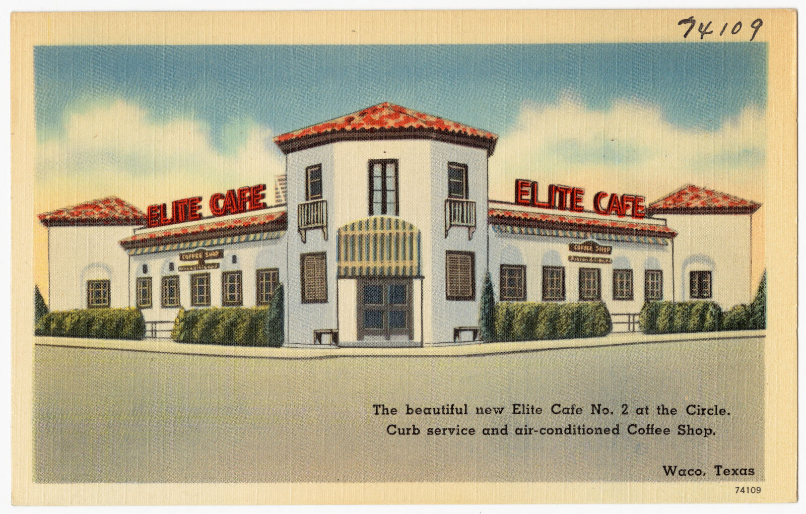 Elite Café, the beautiful new Elite Café No. 2 at the circle. Curb service and air-conditioned coffee shop. Waco, Texas, Boston Public Library - undated