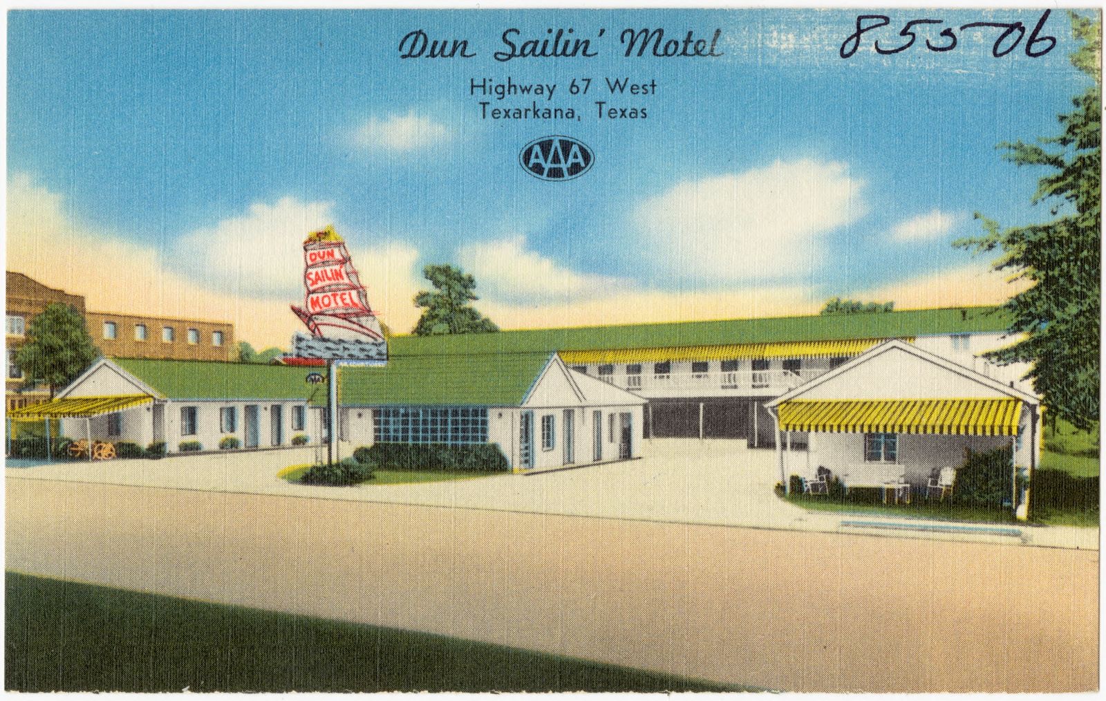 Dun Sailin' Motel, Highway 67 west, Texarkana, Texas, Boston Public Library - undated