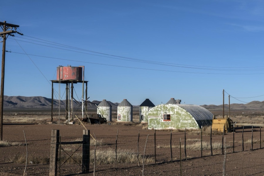 Metal buildings near the deserted town of Lobo, south of Alpine in Brewster County, Texas