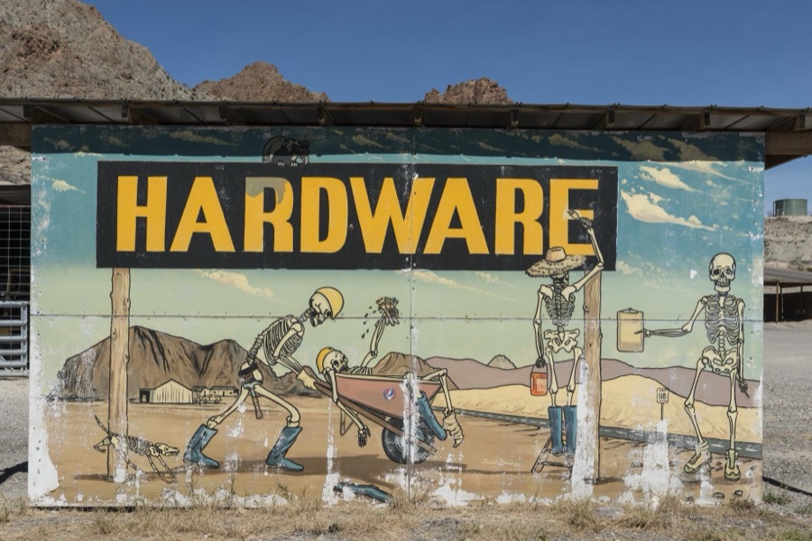 Funky art mural "Hardware" in the isolated Terlingua settlement, just north of Big Bend National Park in Texas's "Trans-Pecos" region