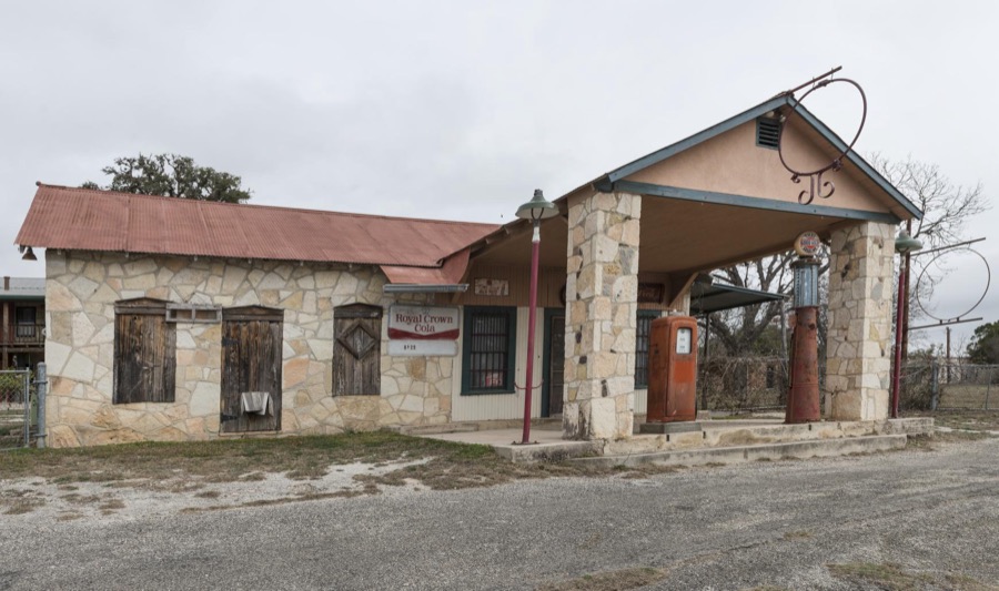 Old gas station and pumps near Pipe Creek in Bandera County, Texas