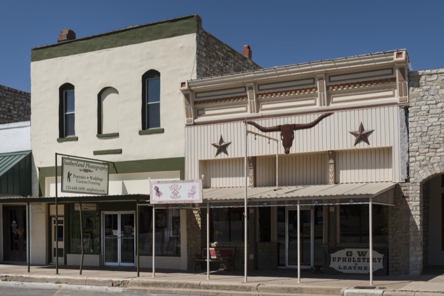 Downtown streetscape in Zephyr, an unincorporated town in Brown County, Texas