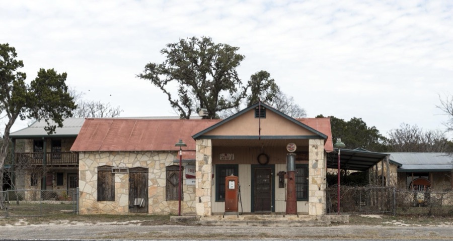 Old gasoline station in Pipe Creek, a small community in Bandera County, Texas