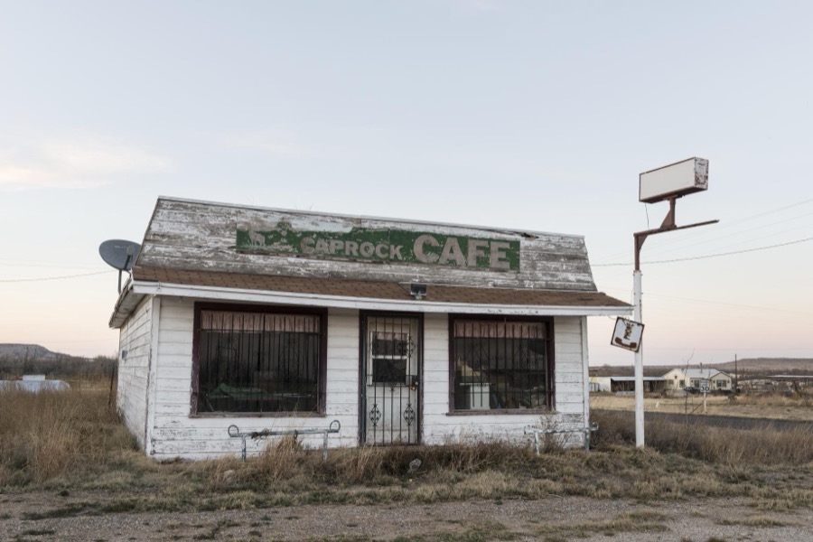 The long-closed Caprock Cafe in the town of Gail, seat of Borden County, Texas
