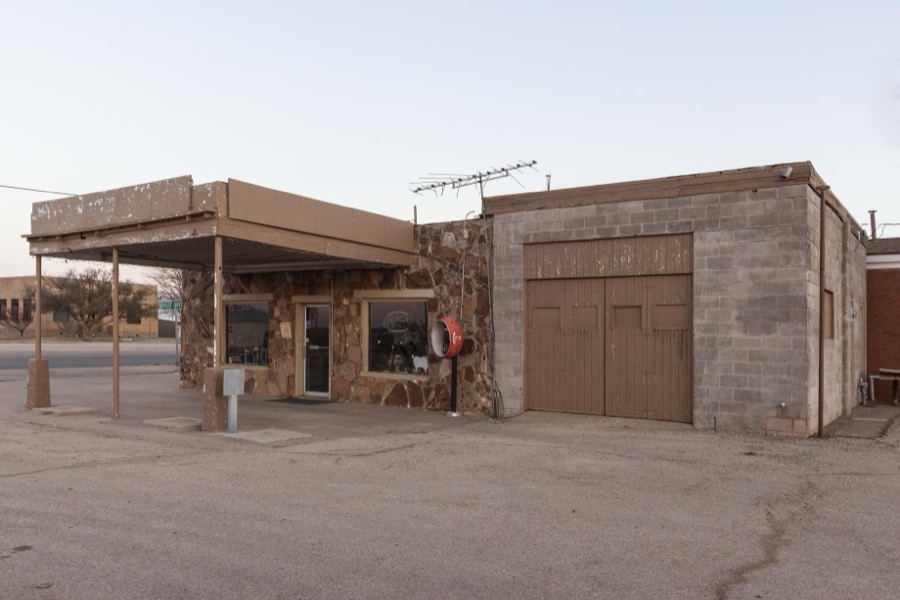 A onetime gas station and cafe, partially made of large stones in the West Texas vernacular, in the town of Gail, seat of Borden County, Texas