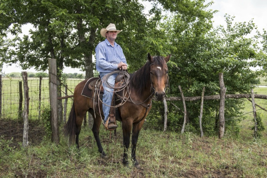 Cowhand Craig Bauer, atop his horse, Spaghetti, at the 1,800-acre Lonesome Pine Ranch, a working cattle ranch that is part of the Texas Ranch Life ranch resort near Chappell Hill in Austin County, Texas