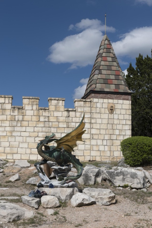 Dragon art piece outside Falkenstein Castle, built from scratch as a residence by Kim and Terry Young in the hills below Burnet in the Texas Hill Country