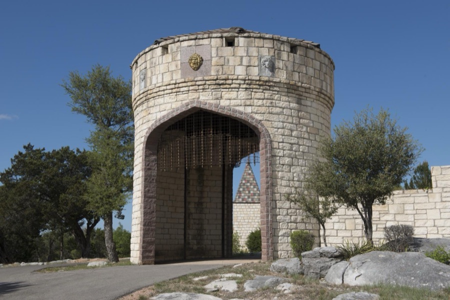 The courtyard entrance to Falkenstein Castle, built from scratch as a residence by Kim and Terry Young in the hills below Burnet in the Texas Hill Country