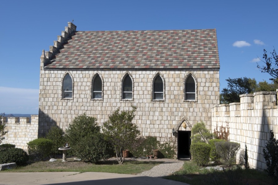 Secondary building at Falkenstein Castle, built from scratch as a residence by Kim and Terry Young in the hills below Burnet in the Texas Hill Country