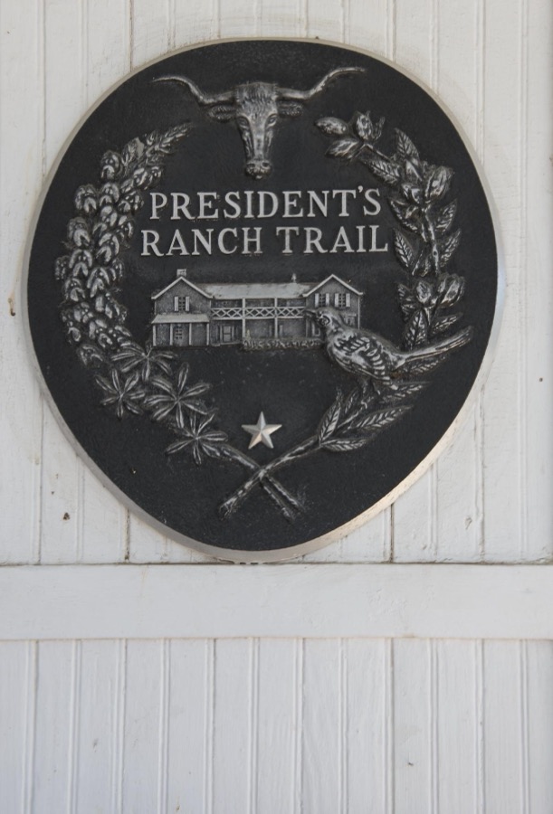 President's Ranch Trail marker at the old "Hye" store and post office in Blanco County, west of Johnson City, Texas