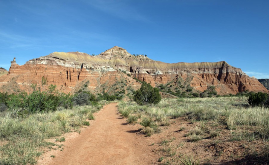 Path and rock formations in Palo Duro Canyon State Park in the Texas panhandle