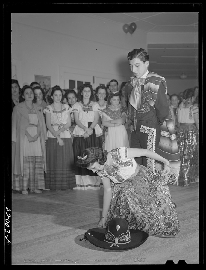 Brownsville, Texas. Charro Days fiesta. Dancing the jarabe tapatia [i.e. Jarabe Tapatío] at Triple L Club dance