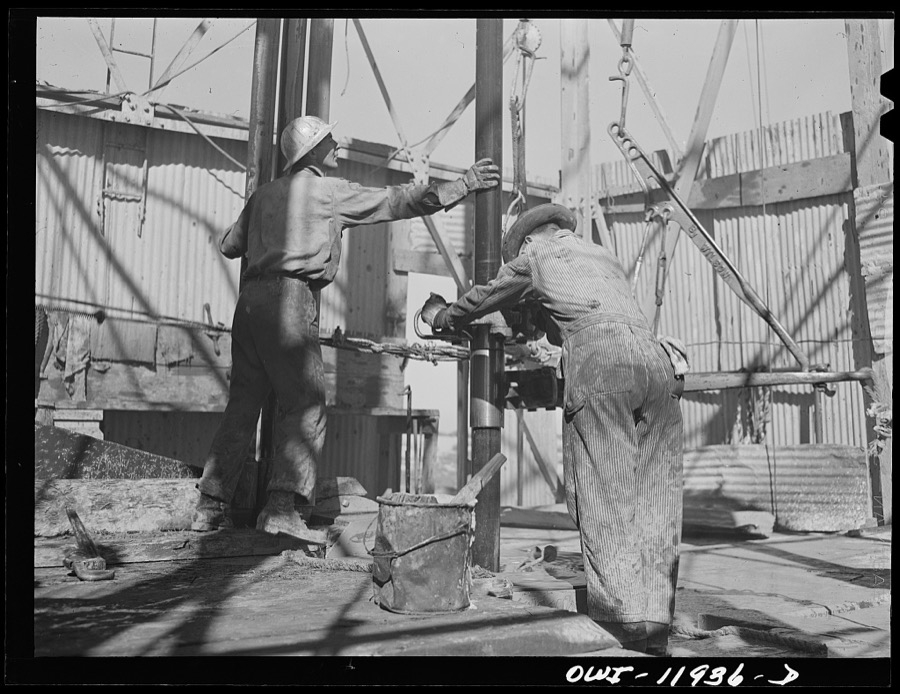 Andrews County, Texas. Bit at end of drill pipe. In going through hard structures these bits sometimes wear out in three or four hours