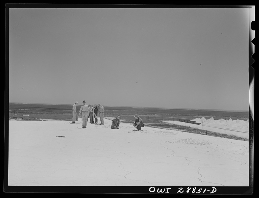 Freeport Sulphur Company, Hoskins Mound, Texas. Lowering dynamite into hole preparatory to blasting from top of vat