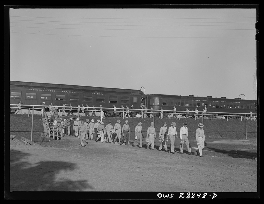 Freeport Sulphur Company, Hoskins Mound, Texas. Sulphur workers arriving at the plant