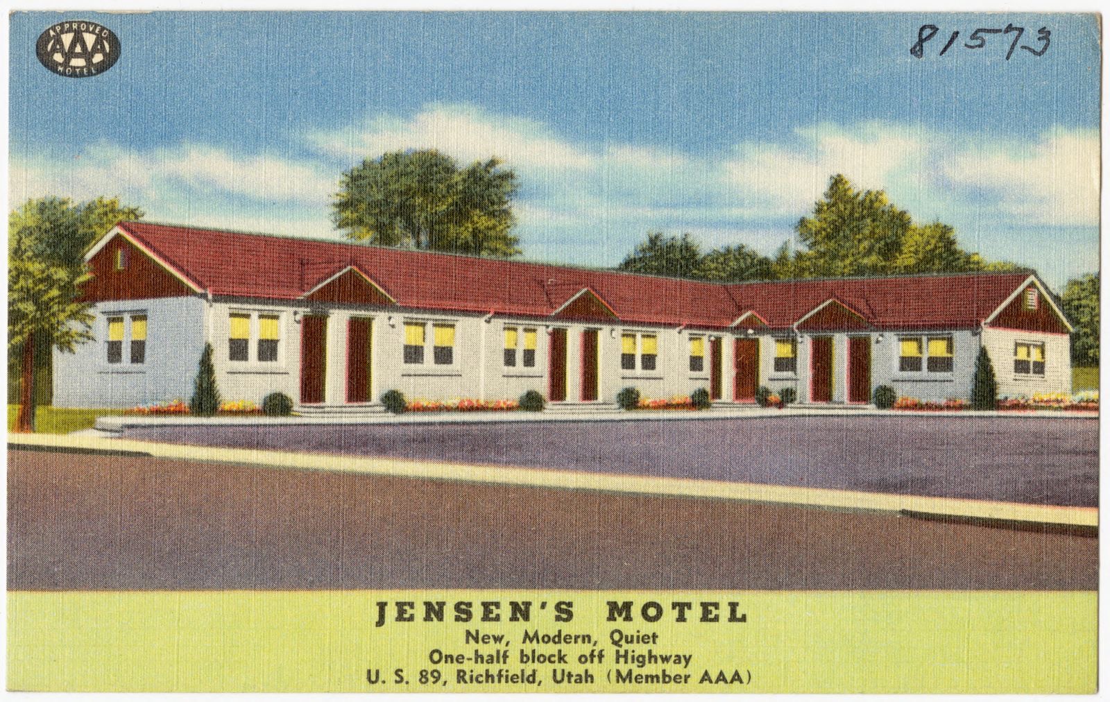 Jensen's Motel, new, modern, quiet, one-half block off highway, U.S. 89, Richfield, Utah, Boston Public Library - undated