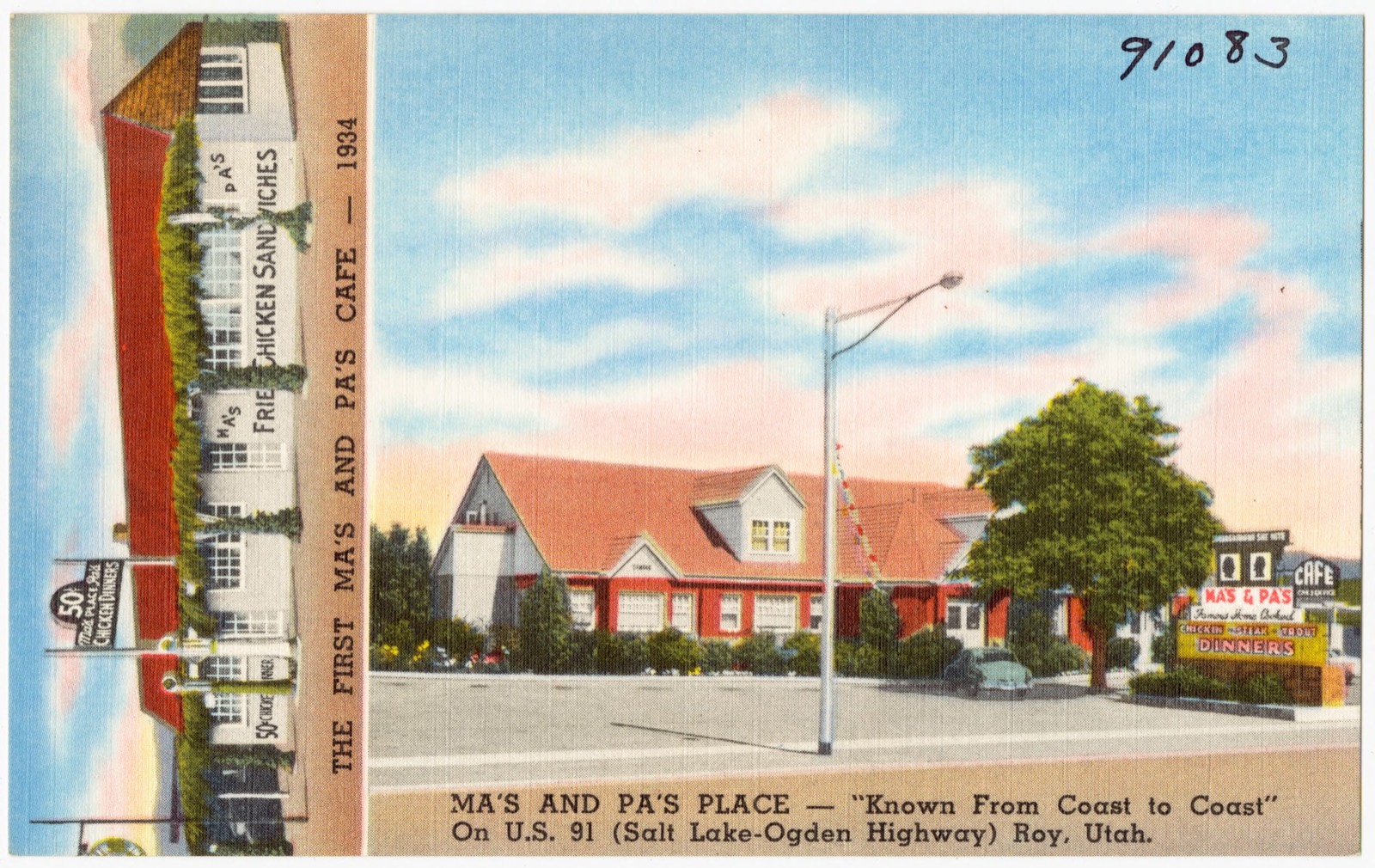 Ma's and Pa's Place -- "Known from coast to coast", on U.S. 91 (Salt Lake - Ogden Highway), Roy, Utah. The first Ma's and Pa's Café -- 1934, Boston Public Library - undated